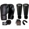 Kit Muay Thai Luva Bandagem Bucal Caneleira Pro Black 10oz - 1