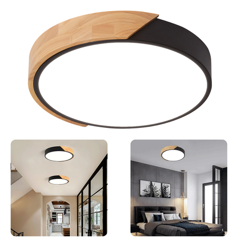 Luminária Plafon Led 25w Preto com Detalhe de Madeira Bivolt Iluminação de Teto Luz 3em1 Moderno