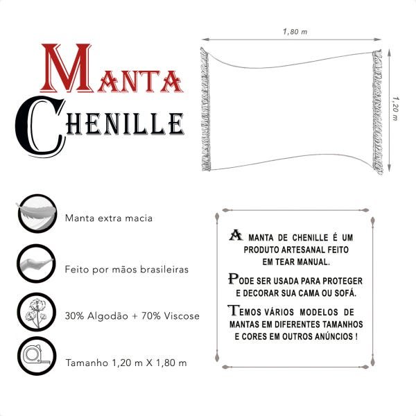 Manta Xale de Chenille com Franja 1,20x1,80M Cor:Preto - 5