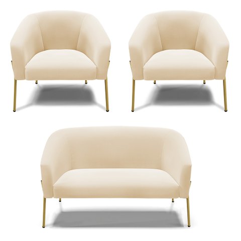 Sofá Namoradeira e 2 Poltronas Pé de Ferro Dourado Stella Suede D03 - D'Rossi Marrom Rato