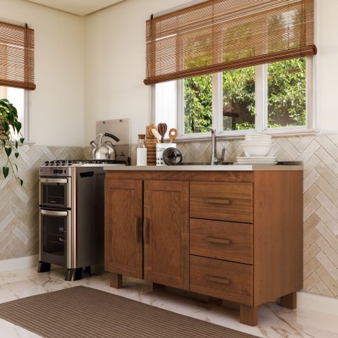 Balcão de Pia 120cm Madeira Maciça Rústico 1291c Cobre 2 Portas e 3 Gavetas Castanho Finestra