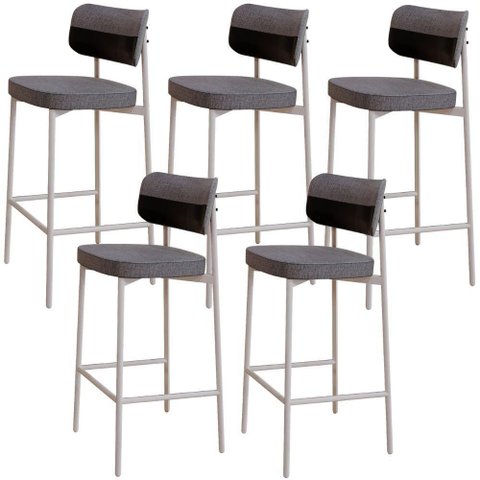 Kit 05 Banquetas Alta Bar Cozinha Sala de Jantar Aço Branco Kaira C01 Linho Cinza Courino Preto -