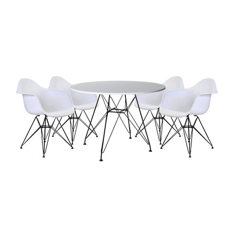 Mesa de Jantar Redonda Eames Eiffel 90cm Branca com 4 Poltronas Brancas Ferro Preto