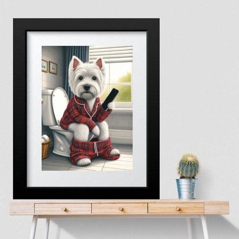 Quadro Banheiro Divertido Cachorrinho - 60x48cm:madeira Branca