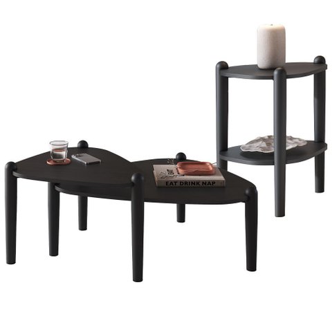 Kit 02 Mesas de Centro e 01 Mesa Lateral Pés Madeira Trium A03 Nero Preto - Lyam Decor