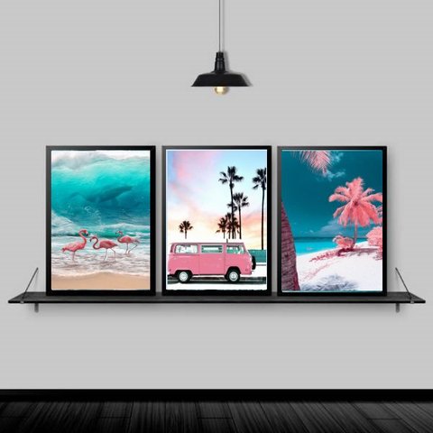 Kit 3 Quadros Praia Kombi Rosa 45x34cm:Madeira branca