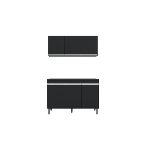 Balcão Gabinete Manu Preto 120 Cm C/tampo e Armário Aéreo Andreia 120cm - Ajl Móveis