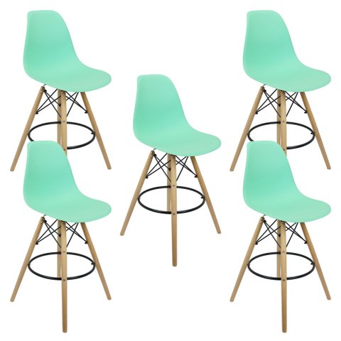Kit 5 Banquetas Charles Eames Eiffel Wood Design Base Fixa Madeira - Verde