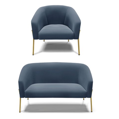 Sofá Namoradeira e Poltrona Pé de Ferro Dourado Stella Suede D03 - D'Rossi Azul Marinho