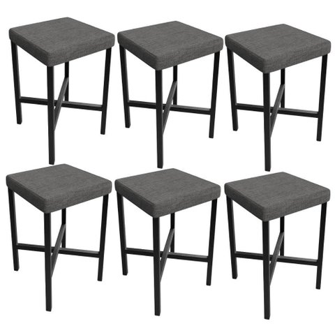 Kit 06 Banquetas Baixa Bar Cozinha Sala de Jantar Preto Stella L02 Linho Cinza Escuro - Lyam Decor
