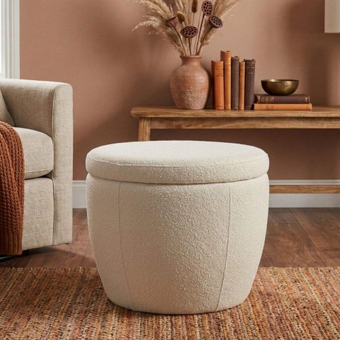 Puff Decorativo Redondo Kaira Bouclé Off White - Nexta Casa