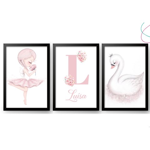Quadros Decoração Quarto Menina Bailarina e Cisne com Vidro:preta
