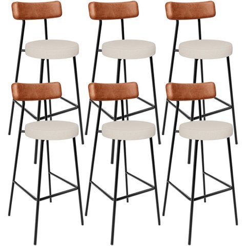 Kit 06 Banquetas Altas Cozinha Sala De Jantar Aço Milão L02 Couríssimo Camel Linho Cru - Lyam Decor