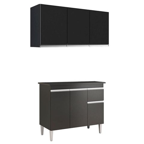 Balcão de Cozinha Tatiane com Tampo 100cm e Armário Aéreo Andréia 3 Portas Preto Fosco - Ajl