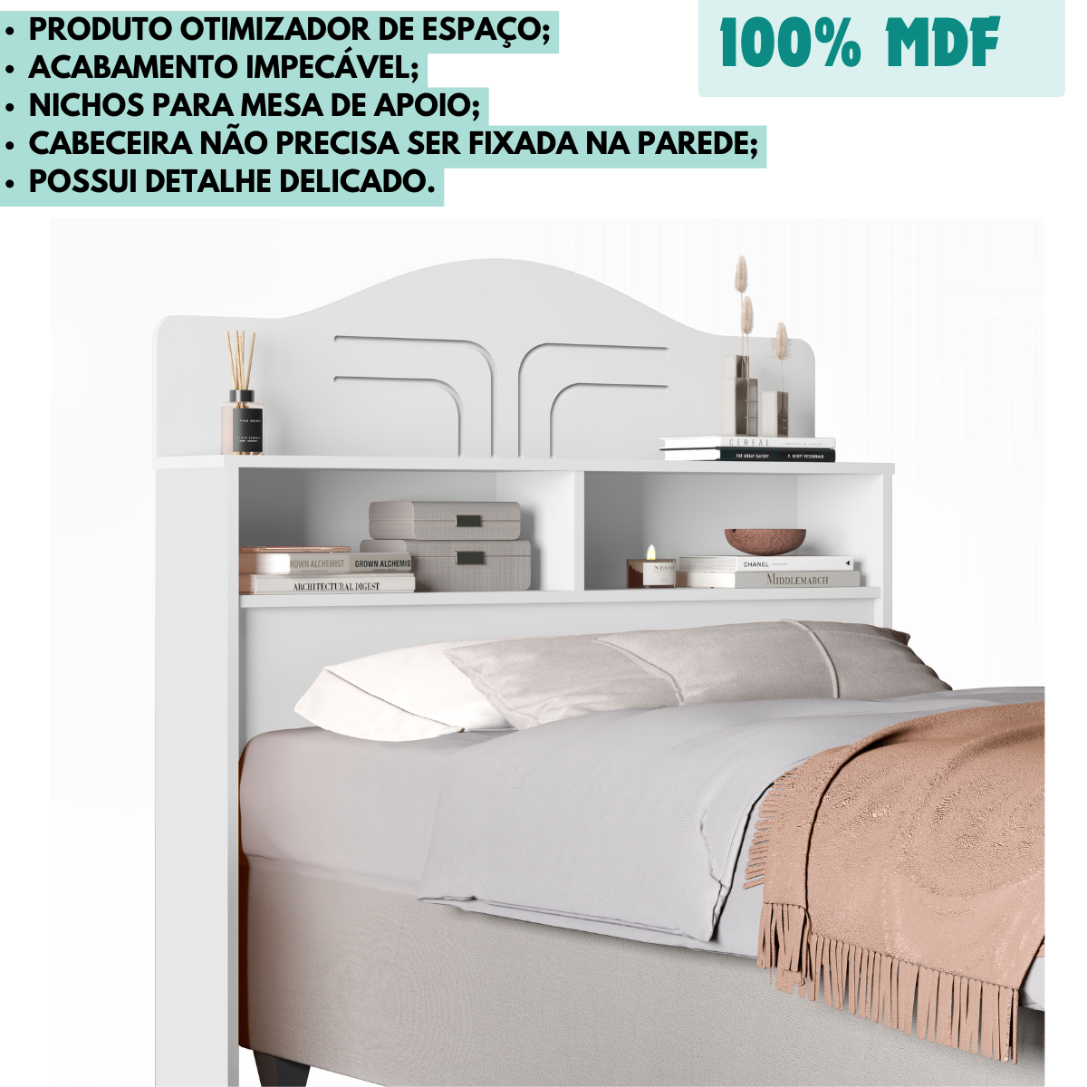 Cabeceira 100% Mdf Cama Box Solteiro 2 Nichos Robusta:branco - 2