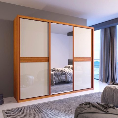 Guarda Roupa Casal Essenza 3 Portas de Correr 4 Gavetas MDF Naturale-Off Bom Pastor Móveis 245cm