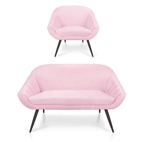 Kit 01 Namoradeira 02 Lugares e 01 Poltrona Giovana Suede de Ferro Rosa Bebê