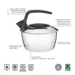 Chaleira Tramontina em Aço Inox com Fundo Triplo Cabo Preto 1,5 L Tramontina - 3