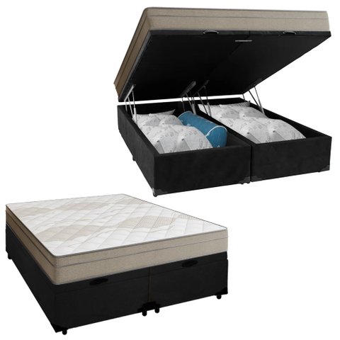 Cama Box Baú Casal Bipartido Suede + Colchão de Molas Ensacadas Portobel Ipanema -  138x188x66cm Cor