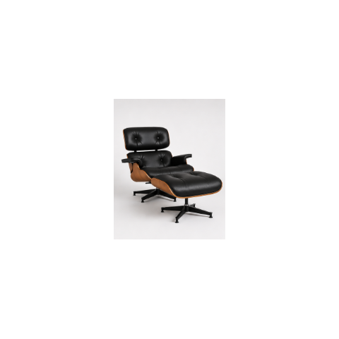 Poltrona Charles Eames com Puff - Freijó em Couro Preto
