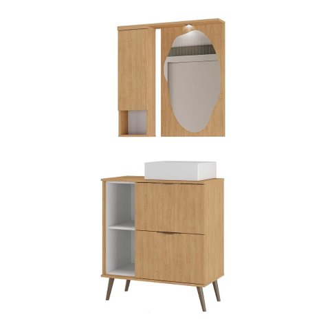 Gabinete Banheiro com Cuba e Espelheira c/LED 2 Portas 1 Gaveta Retrô Multimóveis CR10158 Carvalho
