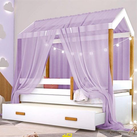 Bicama Montessoriana Kids Solteiro Fio de LED e Voal