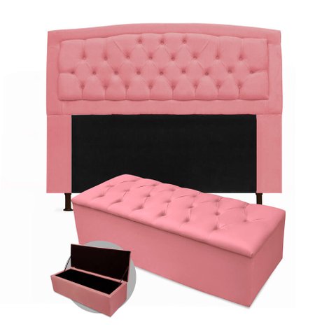Kit Cabeceira Geovana + Calçadeira Baú Mirage Queen Size 160cm Suede - Ecotec Decor:Rosa