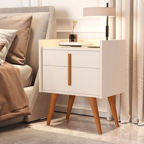 Mesa de Cabeceira Daiane Pés Palito Madeira Porta e Gaveta Perola - Comprar Moveis em Casa