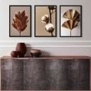 Ver imagem 2 de Kit 3 Quadros Elegantes Sala Quarto Flores Marrom 45x34cm:madeira Preta