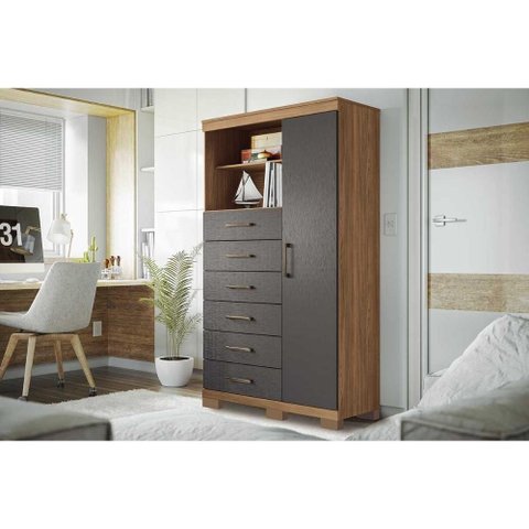 Cômoda Solteiro Marabá 1.6 c/ 1 Porta 2 Nichos e 6 Gavetas c/ Pés Jatoba/Grafitte - Santos Andir