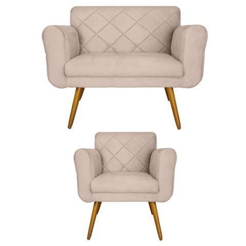 Conjunto Namoradeira e 1 Poltrona Isabella Sala de Estar Suede Bege - LM DECOR