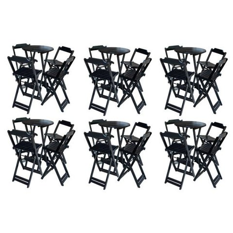 Kit 6 Jogos de Mesa Bistrô de Madeira com 4 Cadeiras Dobrável Ideal para Bar e Restaurante Preto