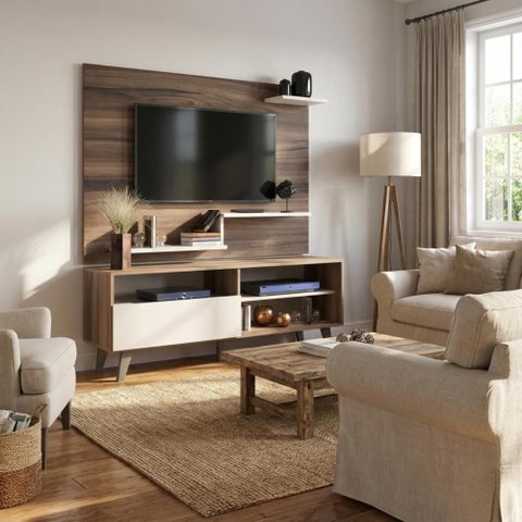 Rack com Painel para TV até 43 Polegadas 1 Porta 3 Prateleiras 136cm Nogueira/Off White - J