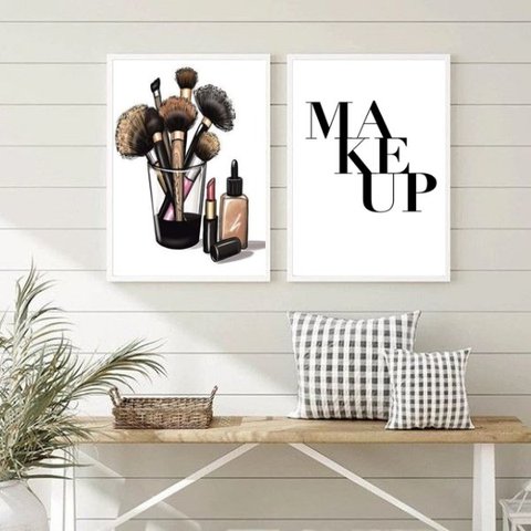 Kit 2 Quadros Decorativos Maquiagens makeup 24x18cm - com Vidro:madeira Branca