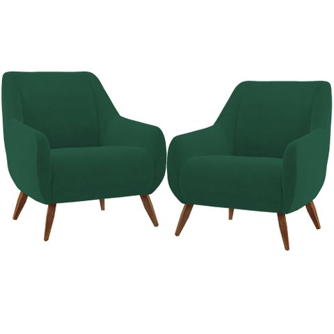Kit 02 Poltronas Decorativa Fixa Pés de Madeira Paloma D02 Veludo Verde B-303 - Lyam Decor