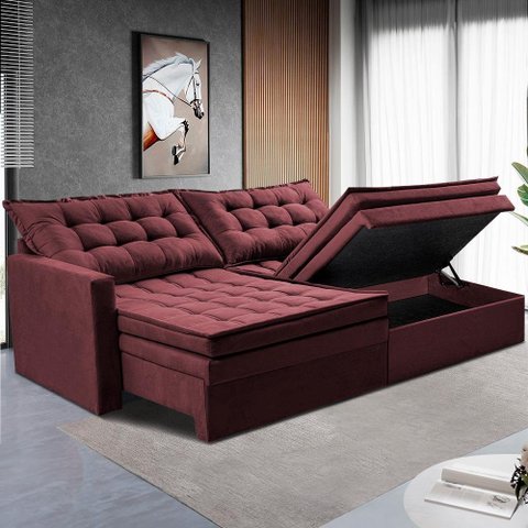Sofá sem Caixa Retrátil Baú 2,00m Cama Inbox Secret Suede Velusoft Vinho