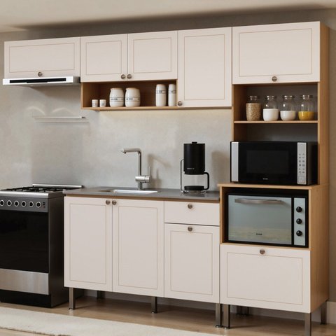 Cozinha Modulada 4 Peças em MDF com Torre Quente para Forno e Micro-Ondas Frizz Branco/Cinamomo Fosco