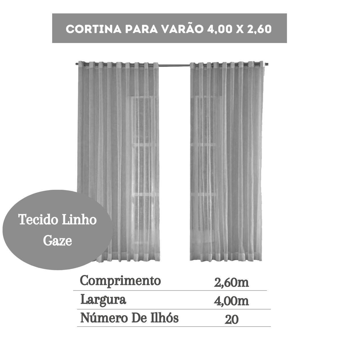 Cortina 4 Sala Para Varão Tecido Linho Gaze Cinza 4,00x2,60 - 2