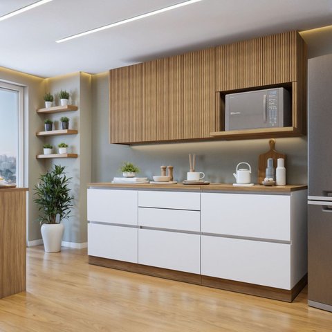 Cozinha Completa Modulada 4 Peças 6 Portas 4 Gavetas com Rodapé Norten Marrom/Branco/Nature
