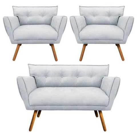 Kit Namoradeira e 02 Poltronas Anitta Suede Pés Palito - D'Rossi - Cinza