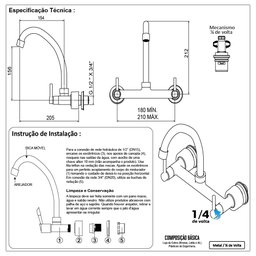 Torneira Misturador Cozinha Parede Arejador Articulado 1/4 Volta Metal Cromado - 8