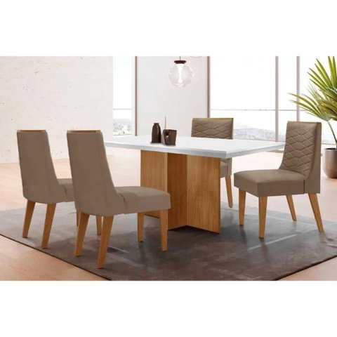 Conjunto Mesa Berlim c/ Tampo Madeirado c/ Vidro Canto Curvo 120x80cm e 4 Cadeiras Maldivas Madeira