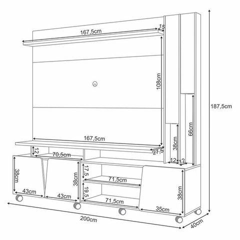 Estante Home Theater Virtus Cinamomo Off White com Mesa de Centro Sky com Tampo de Vidro e Aparador