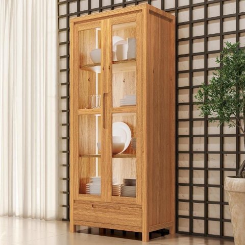 Cristaleira Floris 2 Portas 3 Prateleiras Madeira Maciça com Iluminação Marrom Mpozenato 80cm