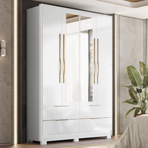 Guarda-Roupa Casal 4 Portas 4 Gavetas com Pé e Espelho Domo