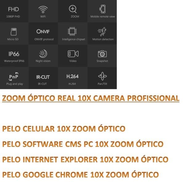 Câmera Ip Full HD 1080P Zoom Optico 10X Wi-Fi Profissional Possui Protocolo Onvif Grava Audio - 4