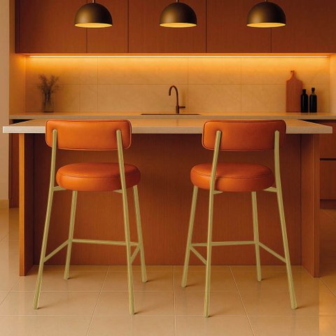 Banqueta Cozinha Alta com Encosto Industrial Dourado Kit 2 Londres Pu D03 - D'Rossi