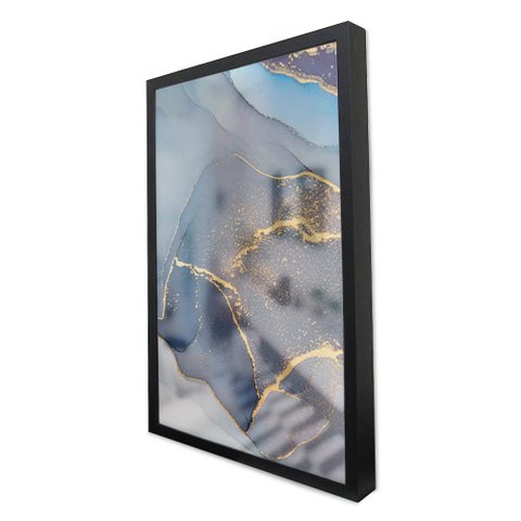 Quadro Decorativo Caixa Alta com Vidro Abstrato Mármore Azul Clean TaColado Moldura Preta 40x60cm