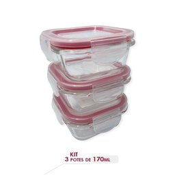 Conjunto 3 Potes de Vidro com Tampa Hermética 170ml Quadrado - 6