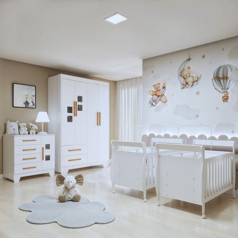 Quarto de Bebê Gael Completo Gêmeos com Guarda-Roupa, 2 Berços e Cômoda Tigus Baby